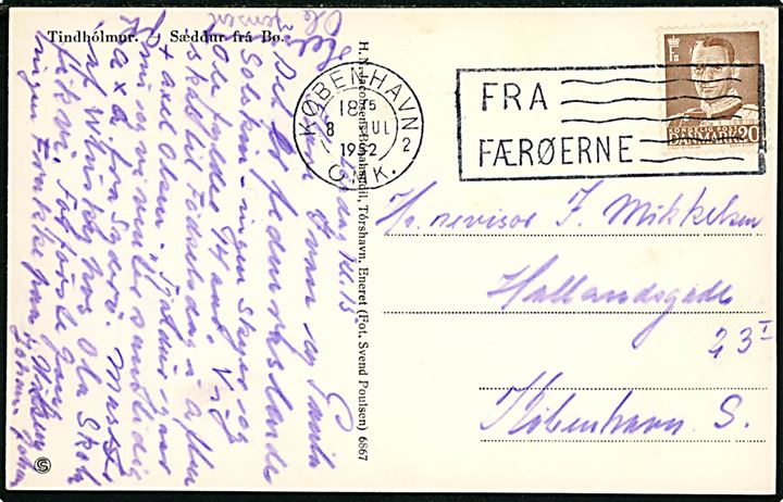 20 øre Fr. IX på brevkort (Tindholmur set fra Bø) annulleret med TMS skibsstempel København OMK.2 / Fra Færøerne d. 8.7.1952 til København.
