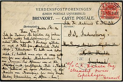 10 øre Chr. IX på brevkort fra Aarhus d. 11.10.1906 til maskinist ombord på S/S Fredensborg i North Shields, England - eftersendt til rederiet C. K. Hansen i København.