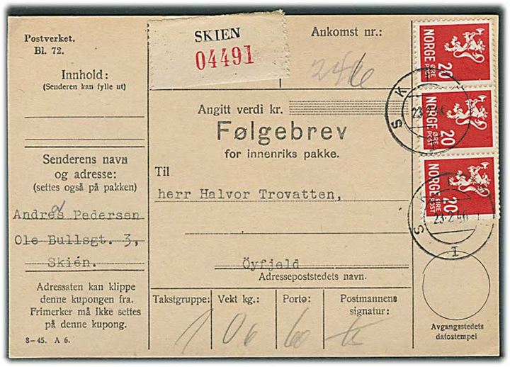 20 øre Løve (3) på adressekort for pakke fra Skien d. 23.2.1946 til Öyfjeld.