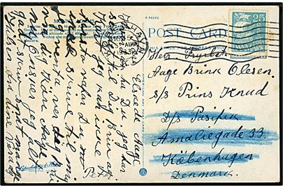 25 øre Karavel på brevkort fra København d. 15.8.1933 til sømand ombord på S/S Prins Knud via rederiet Pacific i København. Eftersendt til skibet i samlekuvert.