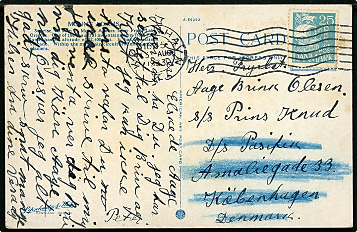 25 øre Karavel på brevkort fra København d. 15.8.1933 til sømand ombord på S/S Prins Knud via rederiet Pacific i København. Eftersendt til skibet i samlekuvert.