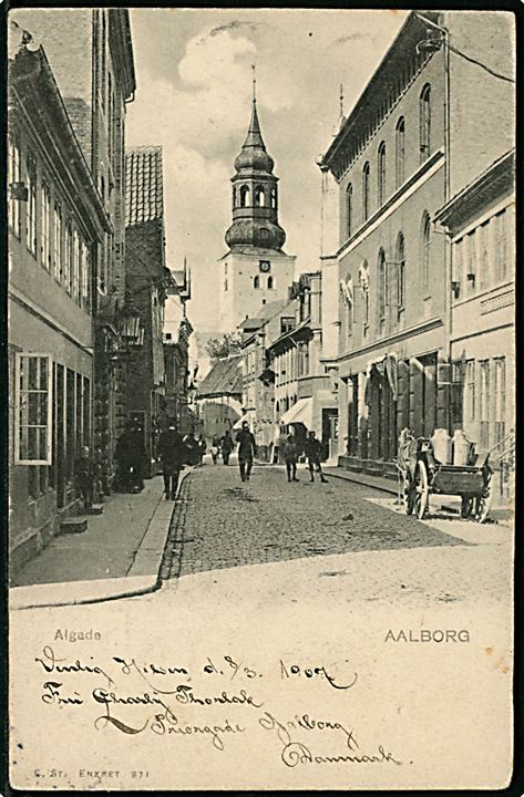 1 øre og 4 øre Bølgelinie på brevkort (Aalborg, Algade) sendt som tryksag fra Aalborg d. 9.3.1907 til poste restante i Bern, Schweiz. Retur med 2-sproget returetiket Nicht abgeholt..