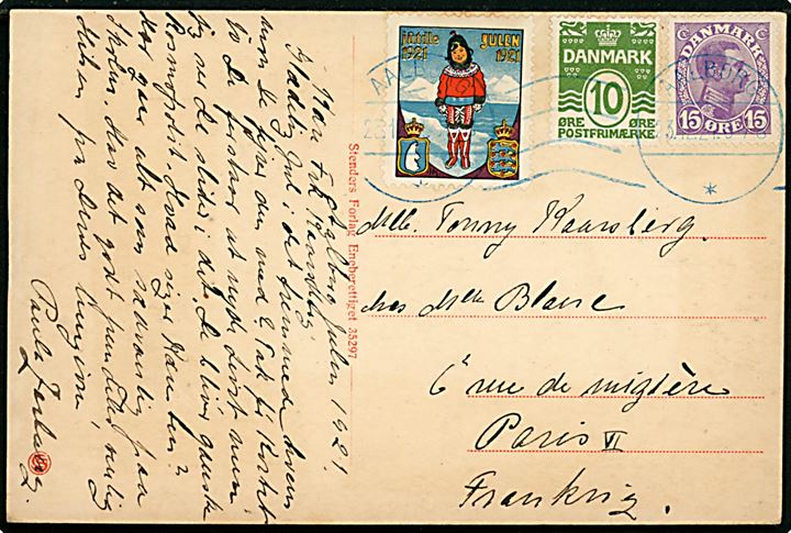 10 øre Bølgelinie, 15 øre Chr. X og Julemærke 1921 på brevkort annulleret med BLÅT båndmaskinstempel Aalborg d. 23.12.1921 til Paris, Frankrig. Eksempel på forsøg af BLÅ stempelfarve. 