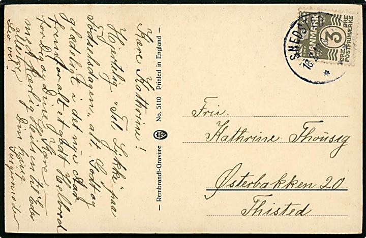 3 øre Bølgelinie på lokalt brevkort annulleret brotype IIIb Snedsted d. 18.12.1918 til Thisted.