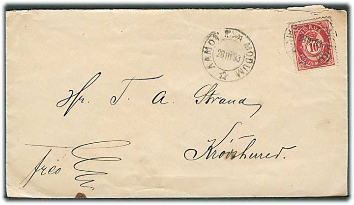 10 øre Posthorn på brev stemplet Aamot paa Modum d. 28.3.1893 til Krødsherred.