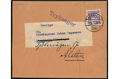 7 øre Nikolai kirke single på korsbånd sendt som tryksag fra København d. 24.6.1937 til riksdagsman Ruben Wagnsson, Riksdagen i Stockholm - eftersendt til Ålsten.