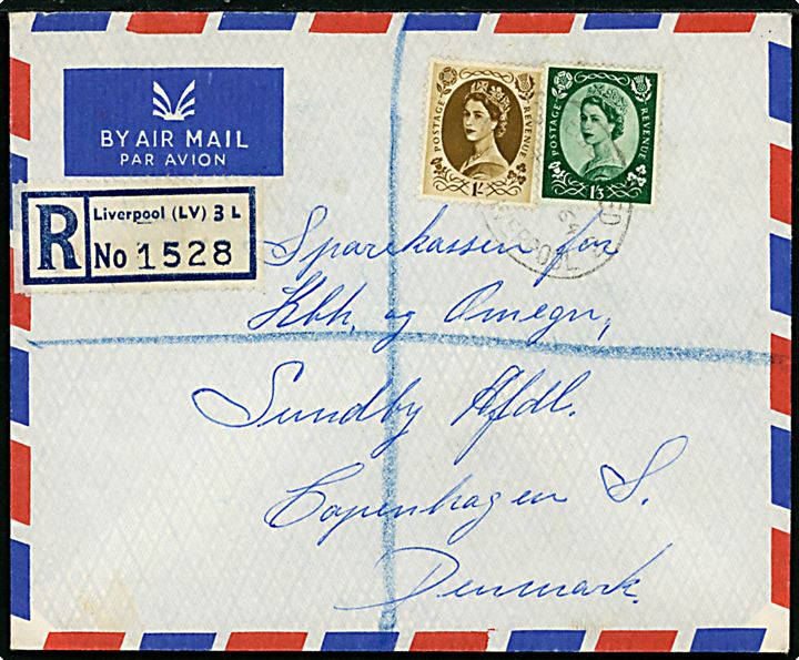 1 sh. og 1 sh. 3d Elizabeth på anbefalet luftpostbrev fra sømand ombord på M/S Spigerborg i Liverpool d. 14.1.1964 til København, Danmark.