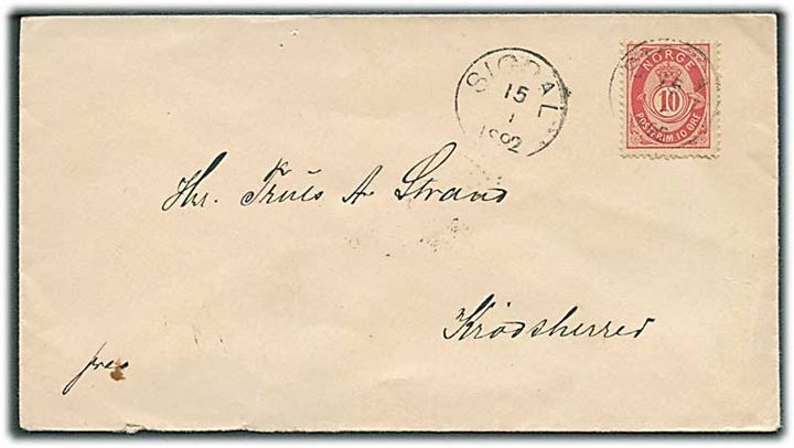10 øre Posthorn på brev med lapidar Sigdal d. 15.1.1892 til Krødsherred.