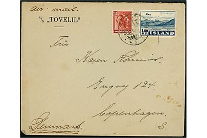 25 aur Torsk og 1,80 kr. Luftpost på fortrykt kuvert fra S/S Tovelil sendt som luftpost og annulleret med svagt stempel til København.