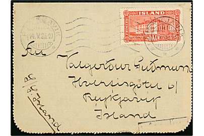 20 aur Landskab på korrespondancekort påskrevet S/S Island og dateret d. 8.5.1926 annulleret Reykjavik d. 14.5.1926 med del af skibsstempel Skipsbrjef til Reykjavik. 