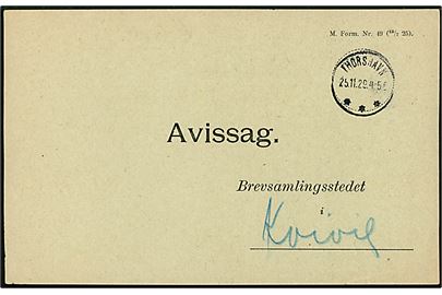 Avissag - formular Nr. 49 (13/7 25) - med brotype IIIb Thorshavn d. 25.11.1929 til Kvivig.