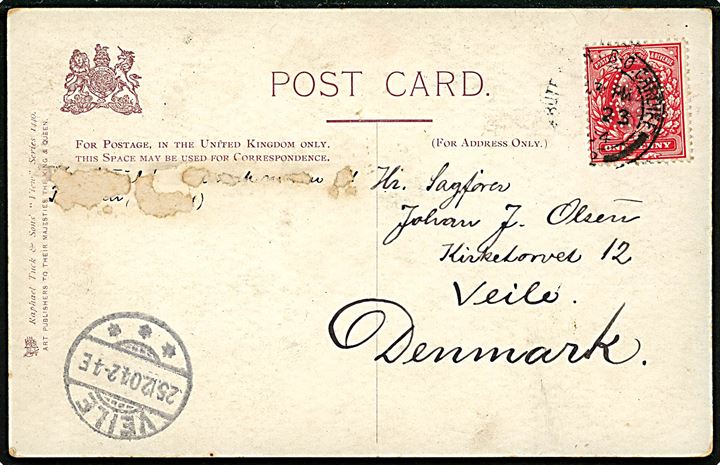 1d Edward VII med perfin A M & Co på brevkort fra sømand ombord på S/S G. Koch i Cardiff d. 23.12.1904 til Vejle, Danmark