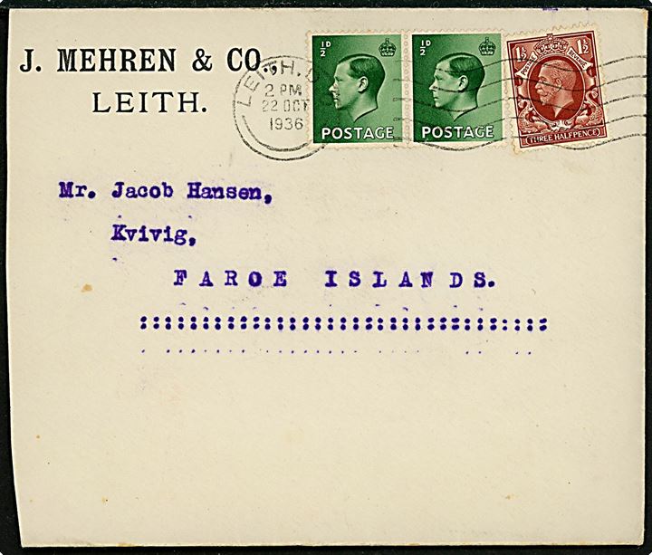 Britisk ½d Edward VIII (par) og 1½d George V på brev med indhold fra Leith d. 22.10.1936 til Kivig, Færøerne.