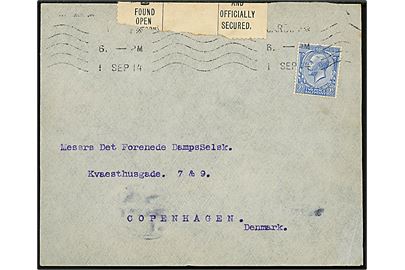 2½d George V på brev fra Cardiff d. 1.9.1914 til DFDS i København, Danmark. Tidlig provisorisk censur med etiket M.-No.75 Found Open and officially Secured. Ank.stemplet i København d. 9.9.1914.