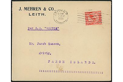 1d George V på brev påskrevet, Per S. S. Botnia, fra Leith d. 7.5.1928 til Kvivig, Færøerne. 