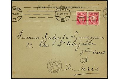 10 øre Posthorn i parstykke på brev fra Kristiania d. 23.4.1915 til Paris, Frankrig. Åbnet af fransk censur.