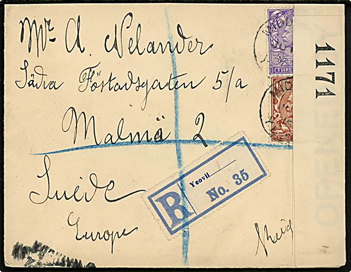 1½d og 3d George V på anbefalet brev fra Yeovil annulleret Middle St. Yeovil d. 16.6.1916 Malmö, Sverige. Åbnet af britisk censur no. 1171.