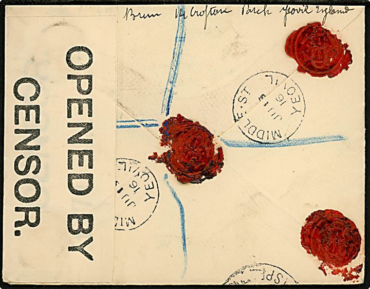 1½d og 3d George V på anbefalet brev fra Yeovil annulleret Middle St. Yeovil d. 16.6.1916 Malmö, Sverige. Åbnet af britisk censur no. 1171.