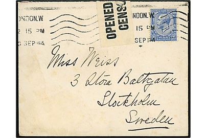 2½d George V på brev fra London d. 19.9.1914 til Stockholm, Sverige. Åbnet af britisk censur med tidlig censuretiket. Ank.stemplet i Stockholm d. 26.9.1914.