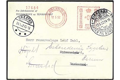 Francostemplet kort fra København d. 12.5.1952 til Birkerød. Korte omadresseret til Græsted og Esrum.