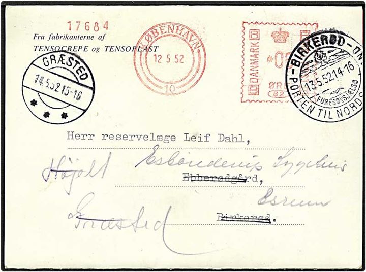 Francostemplet kort fra København d. 12.5.1952 til Birkerød. Korte omadresseret til Græsted og Esrum.