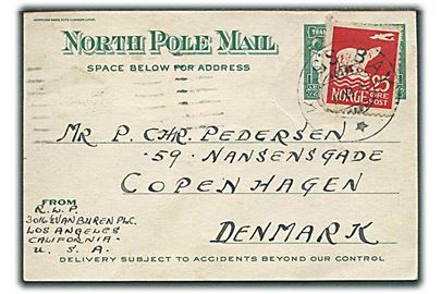 Amerikansk 5 cents Roosevelt i parstykke på Trans-Polar Flight Expedition brevkort fra Los Angeles d. 24.1.1924 opfrankeret med 25 øre Svalbard udg. stemplet Kings Bay d. 18.6.1925 til København, Danmark.