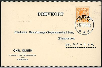 7 øre Chr. X med perfin C.O. på brevkort fra Chr. Olsen Frøavl og Frøhandel i Odense d. 3.7.1919 til Blangsted pr. Odense.