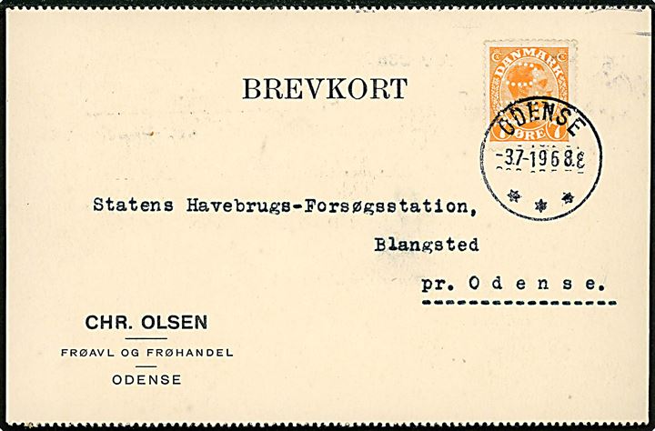 7 øre Chr. X med perfin C.O. på brevkort fra Chr. Olsen Frøavl og Frøhandel i Odense d. 3.7.1919 til Blangsted pr. Odense.