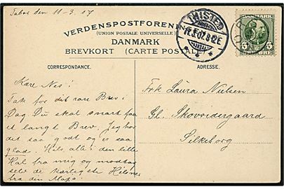 5 øre Chr. IX på brevkort (Hilsen fra Nors) annulleret med stjernestempel NORS og sidestemplet Thisted d. 11.3.1907 til Silkeborg.