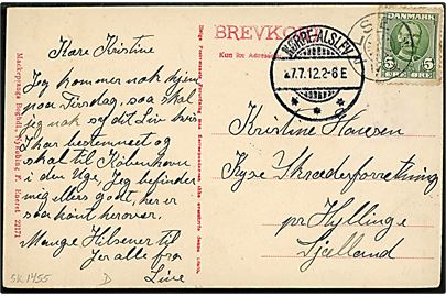 5 øre Fr. VIII på brevkort annulleret med stjernestempel VAALSE og sidestemplet Nørre-Alslev d. 27.7.1912 til Hyllinge.