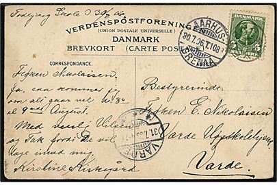 5 øre Chr. IX på brevkort annulleret med stjernestempel LYSTRUP og sidestemplet Aarhus - Grenaa T.1088 d. 30.7.1906 til Varde.