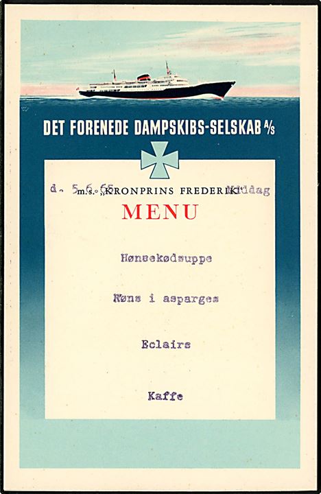 DFDS Menukort fra M/S Kronprins Frederik d. 5.6.1965.
