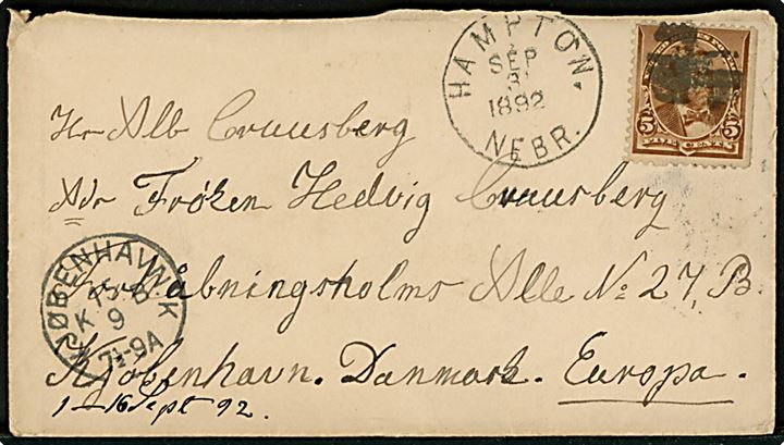 5 cents Grant single på brev fra Hampton Nebr. d. 3.9.1892 til København, Danmark.