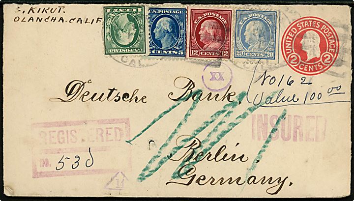 2 cents helsagskuvert opfrankeret med 1 cent, 5 cents Washington, 12 cents og 20 cents Franklin og sendt anbefalet med angivet værdi fra Olamcha, Cal. d. 28.4.1921 via New York til Berlin, Tyskland.