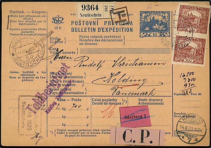 10 h. helsags-internationalt adressekort opfrankeret med 500 h. (par) utakket Hradschin fra Neutitschen d. 7.8.1920 via Hamburg til Kolding, Danmark. 