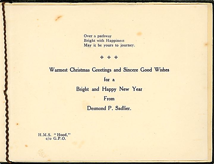 Fortrykt nytårskort fra Desmond P. Sadlier ombord på H,M.S. Hood og dateret Sierra Leone, Africa. Formodes at være fra togtet i 1923.