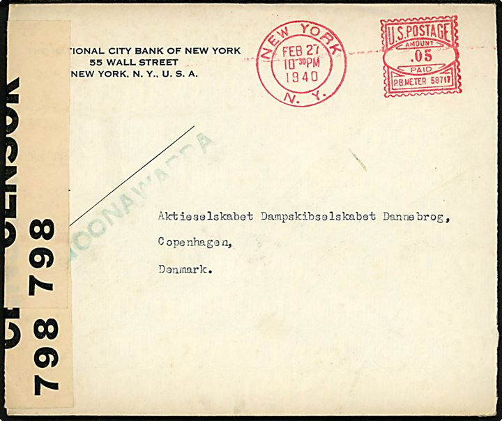Amerikansk 5 cents firmafranko frankeret brev fra New York d. 27.2.1940 mærket Goonawarra (= svensk fragtskib) til København, Danmark. Åbnet af tidlig britisk censur PC66/798.
