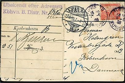 10 c. på brevkort fra Tunis d. 17.6.1908 til København, Danmark. Påsat vignet stemplet Ubekendt efter Adressen Kbhvn. B..