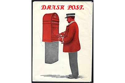 Dansk Post. Illustreret kuvert med postbud og postkasse. Oprindelse ukendt.