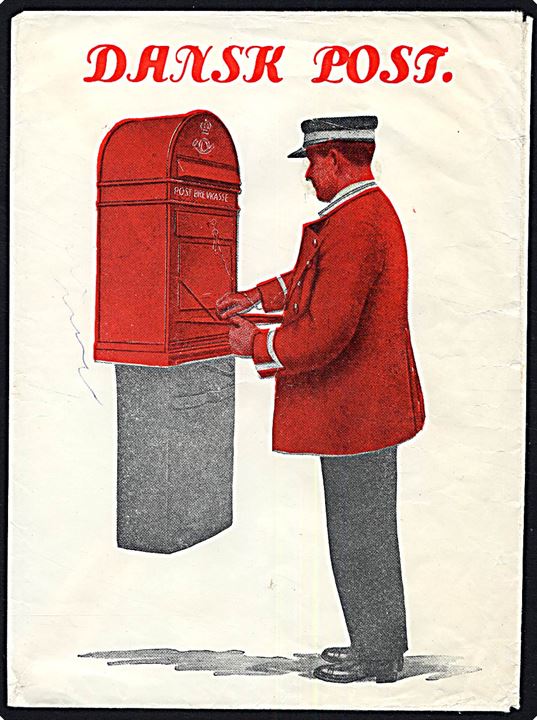 Dansk Post. Illustreret kuvert med postbud og postkasse. Oprindelse ukendt.