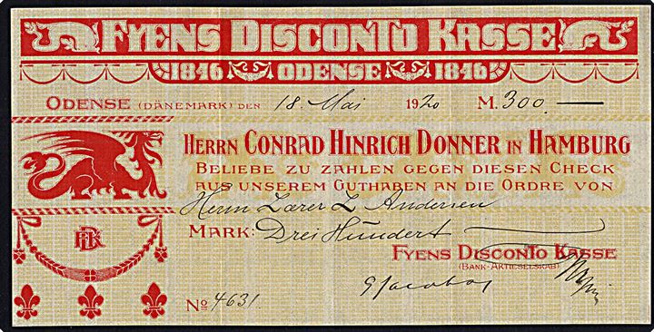 Fyens Disconto Kasse. Check fra Conrad Hinrich Donner i Hamburg på 300 mk. dateret d. 18.5.1920.