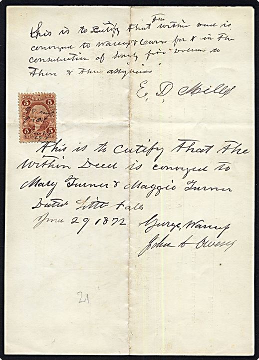 US Inter. Revenue 5 cents på regning fra Little Falls Cemetery dateret d. 15.5.1868.