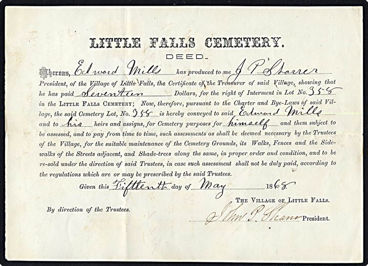 US Inter. Revenue 5 cents på regning fra Little Falls Cemetery dateret d. 15.5.1868.