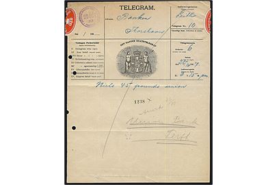 Den danske Statstelegraf Telegram formular med meddelelse fra Leith i Scotland modtaget ved Det store nordiske telegrafselskabs station i Thorshavn d. 25.10.1907 til Banken i Thorshavn, Færøerne. Arkivhuller.