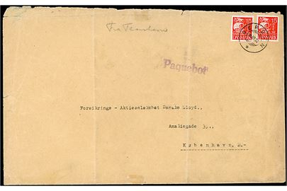 15 øre Karavel (2) på stort 2. vægtkl. brev påskrevet Fra Thorshavn annulleret med norsk stempel i Bergen d. 14.3.1932 og sidestemplet Paquebot til København. Et mærke med kort hj.tak.