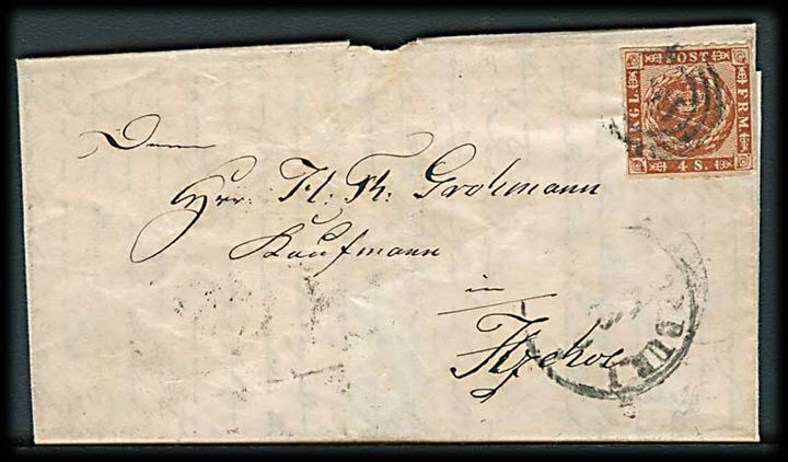 4 sk. Stukken kant på brev med indhold dateret Schleswig d. 22.10.1863 annulleret med svagt nr.stempel og sidestempel til Itzehoe. På