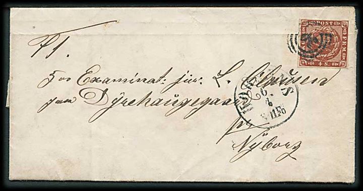 4 sk. 1858 udg. på brev annulleret med nr.stempel 30 og sidestemplet antiqua Horsens d. 6.4.1862 til Dyrehaugegaard pr. Nyborg.