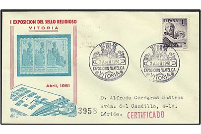 1 pesetas på brev fra Vitoria, Spanien, d. 2.4.1951 til Lerida.