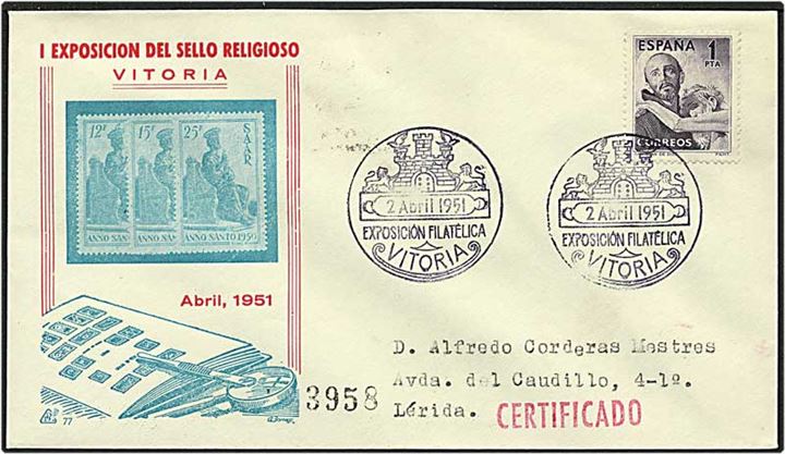 1 pesetas på brev fra Vitoria, Spanien, d. 2.4.1951 til Lerida.