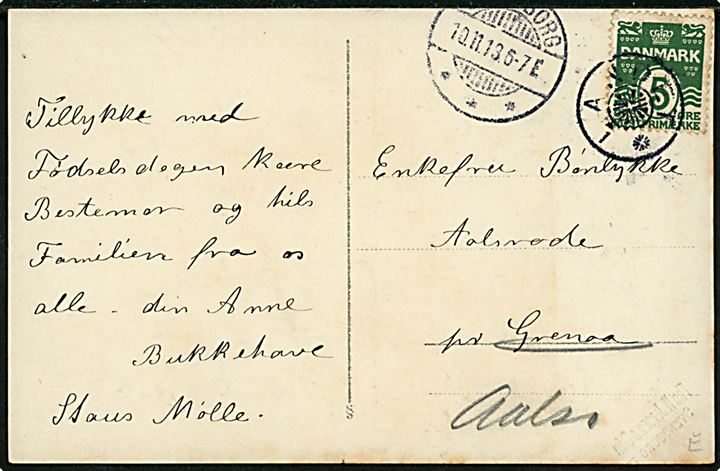 Svendborg. Staus Mølle på Taasinge- Fotokort u/no. Med 5 øre bølgelinie annulleret med Stjernestempel LANDET, sidestempel Svendborg d. 10.11.1913 til Grenaa. 